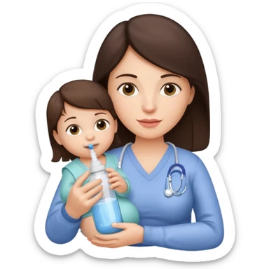 Brunette Mother holding a baby bottle with milk and a vaccine syringe sticker