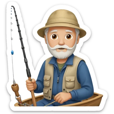 an old white haired, bearded man in fisherman attire, sat in a boat at sea, holding a fishing rod, with the end of the fishing line in the water sticker
