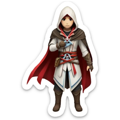 An icon representing an adventure game, inspired by Assassin's Creed. The design features a heroic character in hooded attire, scaling a tall building in a historical cityscape. The background shows ancient architecture and hidden symbols, symbolizing exploration and stealth. Transparent background  sticker