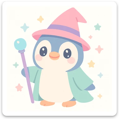 cute and whimsical penguin dressed as a wizard, wearing a pointed hat and holding a magic staff sticker