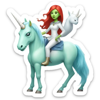 [
	{ woman: alien, color: light green, Amazon, hair:red, eyes:blue] } 
	on a 
	[{ unicorn: white, legged:six, mane: light blue }] sticker