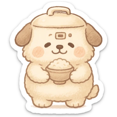 soft fluffy rice cooker dog in chibi style, round belly, holding a rice bowl, soft cream and brown palette, full-body sticker