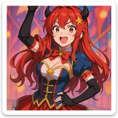 anime style woman with red hair in cosplay costume, expressive face, vibrant colors sticker