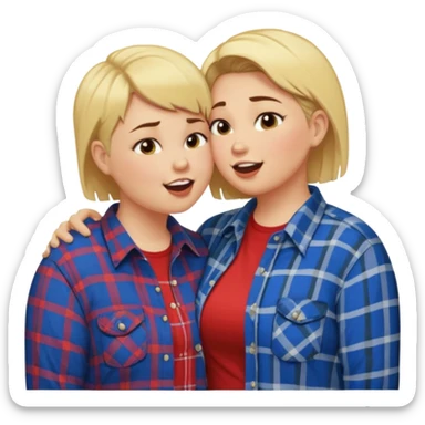 Chubby lesbian with medium brunette hair kissing tall butch lesbian with huge teeth and blonde short hair sticker