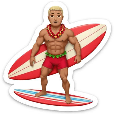 50 year old muscular man with red shorts and a shell lei surfing sticker