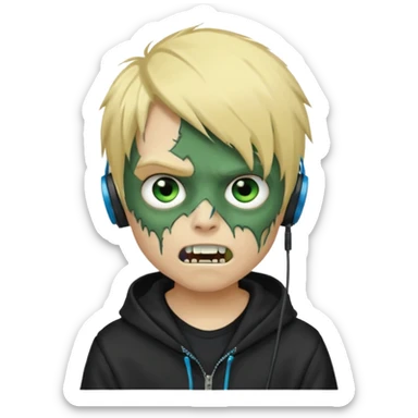 boy zombie whit blonde emo hair and eyes blue and GREEN SKIN and heandphones black AND A MICROFONE AND GOLD TEETH and agesive face and the hoodie black  sticker