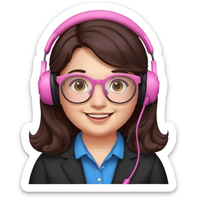 chubby English teacher, smiling, pink glasses, long wavy dark brown hair, face only, subtle gamer headset, classroom background, emoji style sticker