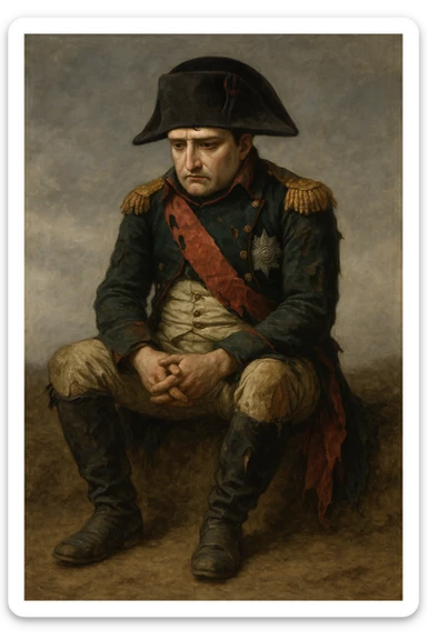 Сгенерируй мне этого наполеона, он в чуть-чуть рваной одежде, сидит и грустит. Он полностью помещается в кадр и не обрезается краями изображения. Сидит он на земле sticker