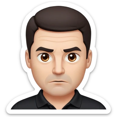 Middle-aged man with strong square face, pronounced jawline, full cheeks, manic energy with intense stare, dark brown eyes, thick raised eyebrows, wide proportional nose, mouth slightly open in disbelief, short dark hair neatly styled, wearing a black polo shirt sticker
