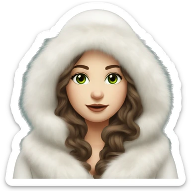 Beautiful Slavic green eyes girl with brown wavy long hair in a white fur hat and white Mink fur coat sticker