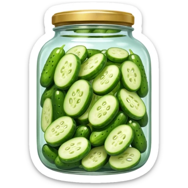 A jar of pickled cucumbers with clear brine and green whole pickles.







 sticker