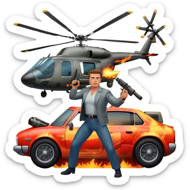 Icon for Action Movies: Arnold Schwarzenegger in the lead role, in an intense action pose with weapons, explosions, a car and helicopter flying out of flames in the background. The design should capture the explosive energy and heroism of classic action films. Transparent background. sticker