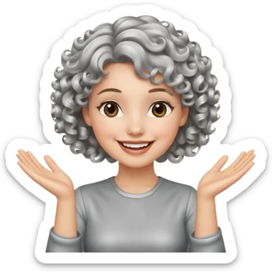 silver, short, wavy-haired with curls, smiling/excited pretty lady, silver top, clapping hands

 sticker