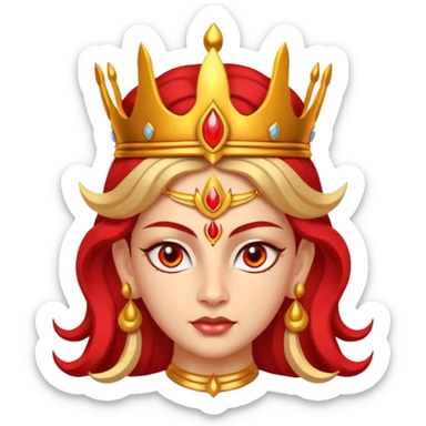 Hindu goddess Durga portrait, head and shoulders only, fierce warrior look, red and gold crown, powerful eyes, divine aura, 3D cartoon, mobile game icon style, clean background, no text, no watermark
 sticker