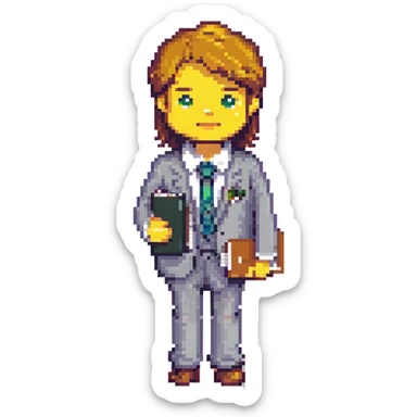 8-bit pixel art icon of a recruiter inspired by Mega Man style, character in business attire holding a clipboard or resume with a friendly expression sticker