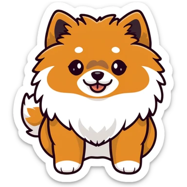 fluffy black and tan Pomeranian dog face, large round eyes, button nose, tan muzzle, tan eyebrow spots, thick ruff of fur, upright tousled ears, friendly and cute sticker