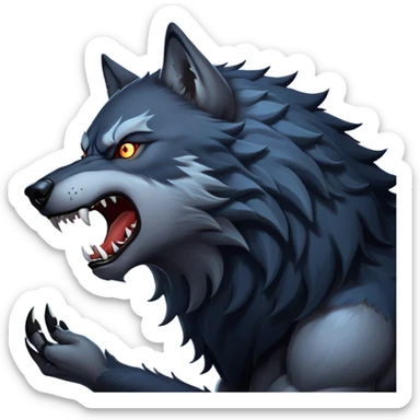 cinematic-noble-fierce-werewolf-howling-portrait-emoji, poised-and-imposing, with a fierce wolfish face tilted upwards in a haunting howl, glowing eyes full of primal ferocity, sharp, and a rugged snout, fur rippling in shades of midnight black and silver, muscles tensed as the powerful howl echoes beneath the moonlit sky; rendered with realism, capturing the raw, untamed power of the beast in its wild, primal state sticker