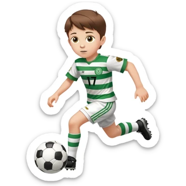 Celtic footballer jersey logo  6 years old brown hair white boy , brown eyes , stripes uniform , RUNNING  with soccer ball is number  17 celtic football logo  ONE CELTIC LOGO ONLY white shorts sticker