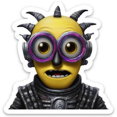 Synthwave minion in Lordi style, oil paint, black eyes, intricate lips, masterpiece portrait, beautiful, desirable, logical, love, peace, understanding sticker