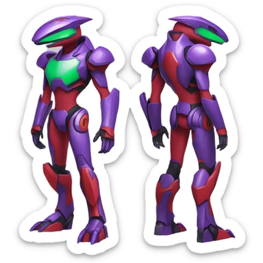 a purple-green-red Genesect-Raptor-Fakémon—hybrid with a futuristic visor-helmet full body sticker