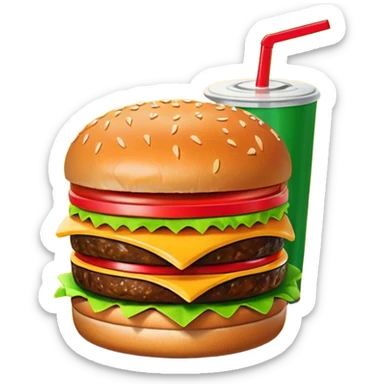 A clean and simple icon of fast food in emoji-style illustration. A burger with fries and a soda cup, bright and bold colors, simple shapes, flat design, high contrast, inviting and appetizing. sticker