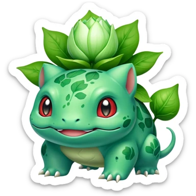 Bulbasaur with a small green unopened plant bulb with layered petals esembling a bud on back sticker