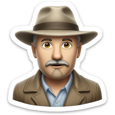 Photorealism A plump man of Slavic appearance with litle eyes with a goatee beard and mustache, wearing a fedora hat, big detailed face, wrinkled face sticker