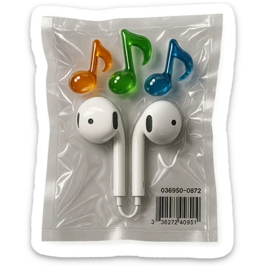 pair of white EarPods with three distinct colorful glass music notes floating above, glossy and puffy sticker
