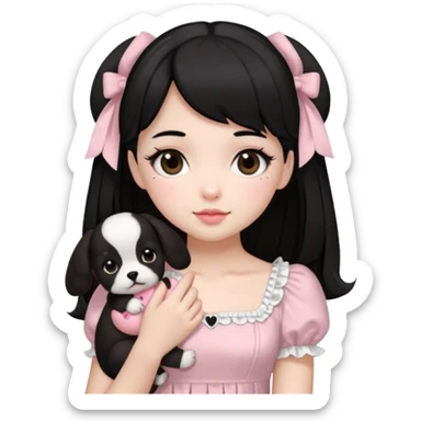 sweet lolita black hair brown eyes white skin light pink dress holding a shizu black and white puppy emoji created using Al. Copy and paste sweet lolita blond hair blue eyes white skin light pink dress emoji sticker