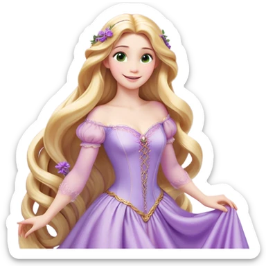 Cinematic Realistic Rapunzel Portrait, with porcelain-like skin featuring a subtle, natural glow, illuminated by soft lighting that brings out the gentle contours of her face. Her long, golden blonde hair cascades in detailed waves, each strand highlighted with a radiant shimmer as it catches the light. Her bright, expressive green eyes exude curiosity and warmth, framed by delicate lashes and soft, arched brows. Her expression is playful and vibrant, with a gentle smile. She is dressed in her classic lavender and pink gown, the fabric textured with delicate folds that flow naturally, catching the light with a soft, radiant glow. The portrait captures a luminous, enchanting aura, seamlessly blending realism with a whimsical, fairytale charm, evoking a timeless sense of beauty and magic. sticker