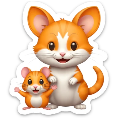 Joyful cat being greeted by a mouse friend with a wave sticker