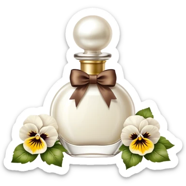 pearl white perfume bottle in vintage style and ivory colored pansies and brown bow sticker