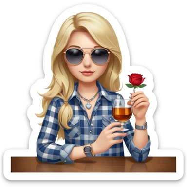 girl with long blond hair, wearing grey/white plaid shirt, with blue eyes and aviator sunglasses, wearing a ring on her silver necklace around her neck, holding a glass of whiskey, wearing rose gold apple watch sticker