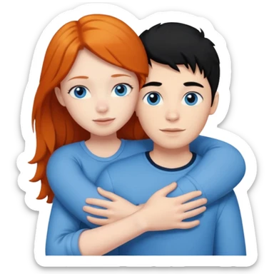 Ginger boy without facial hair hugging girl with black hair. Both have blue eyes.  sticker