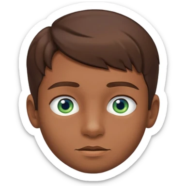 a young boy with brown hair, with a mix of blue and green eyes, a little bit of beard sticker