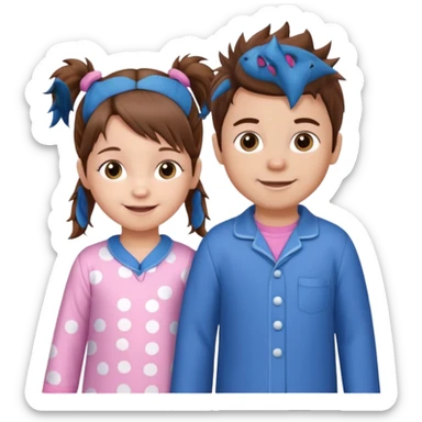 A toddler girl with brown hair with two pig tails, wearing pink pajamas and a bigger 4 year old boy with spikey brown hair, wearing blue pajamas. Both light skin and smiling.  sticker