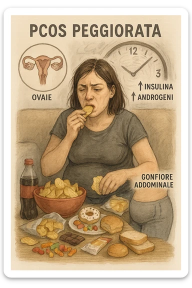 Donna tra i 25 e i 35 anni seduta sul divano o a un tavolo disordinato, circondata da cibi sparsi e poco sani: patatine, dolci, pane bianco, snack confezionati, bibite. Mangiando di fretta, ha un’espressione stanca e frustrata. Intorno a lei, in trasparenza o come illustrazione simbolica, si vedono gli effetti della PCOS peggiorata: ovaie con cisti multiple, squilibrio ormonale (↑ insulina, ↑ androgeni), gonfiore addominale. Sullo sfondo, orologio che corre o caos visivo che comunica disorganizzazione alimentare. Colori spenti e atmosfera stanca. Stile realistico con elementi simbolici e informativi. in italiano sticker