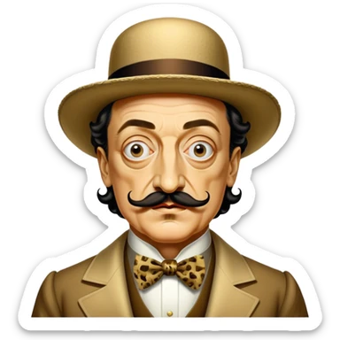 Cinematic Realistic portrait of Salvador Dalí, depicted as a surrealist artist with eccentric, expressive features and his iconic mustache, rendered with vibrant, imaginative lighting and richly detailed period attire that capture his avant-garde essence. sticker