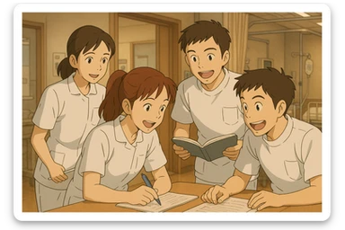 Quatre étudiants infirmiers en intérieur, style Ghibli, travaillant en collaboration et en interaction. Uniformes blancs à manches courtes, hauts type tunique médicale avec col en V et poche poitrine à gauche, pas de pied de col, pas de stéthoscopes, avant-bras nus, cheveux longs attachés pour celles qui en ont. Ambiance chaleureuse, dynamique, décor intérieur d'hôpital ou de centre de soins. sticker