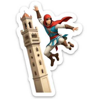 An icon featuring a hero performing a leap of faith from a tower in Florence, inspired by adventure games like Assassin's Creed. The design captures the dramatic moment mid-air, with detailed architecture and a bustling city below. Transparent background sticker