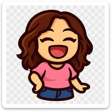 Create a chibi emote of the woman from the reference images, wearing a pink blouse and jeans, laughing with eyes closed, no headband, no sparkles, no wand, transparent background in sticker style sticker