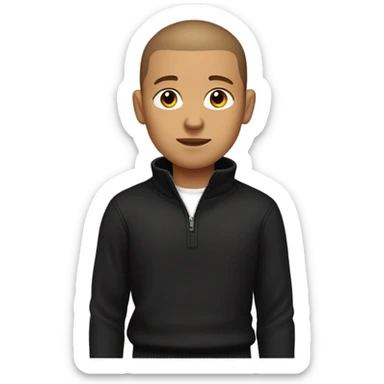 boy with very light brown skin, buzz cut, no facial hair, wearing a smart black quarter zip jumper with white t shirt underneath. sticker