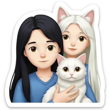 A boy and a girl with long black hair holding a white long-haired cat sticker
