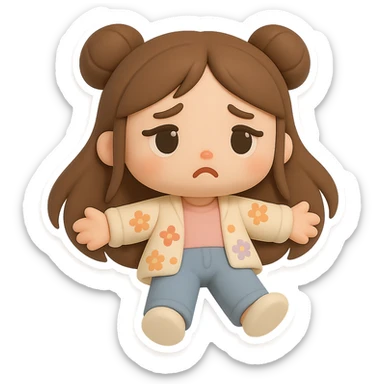 3D chibi style mochi girl, high-quality rendering with smooth shadows and soft gradients, long brown hair in two space buns, brown eyes, jeans, pastel floral cardigan, thick white outline like a sticker, transparent background, lying flat on the floor, arms spread, looking sad, preserve facial features from reference image sticker