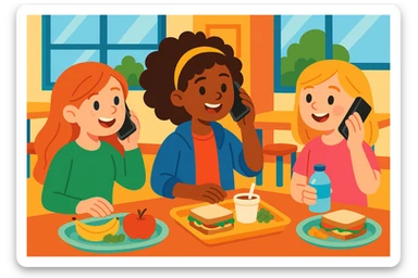 three girls spending their lunch break talking on the phone to one another, vibrant and friendly scene, modern casual clothing, school or office lunch setting, cheerful expressions sticker