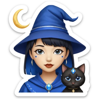 an asian short haired girl with electric blue highlighted short raven hair with bangs, with her silver left eye and dark brown right eye, with black cat eyed style eyeliner, and smirk of natural toned lipstick, with wizard hat with moon emblem on his hat. sticker