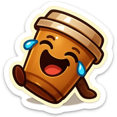 Tall coffee cup, laughing hard, tears in eyes, fallen over, dramatic laugh sticker