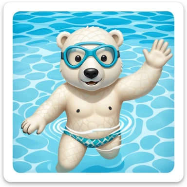 friendly anthropomorphised polar bear swimming freestyle in a large pool, excited expression, wearing patterned swim trunks and full snorkel mask sticker