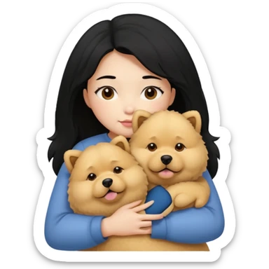 A girl with black hair hugging a beige fluffy chow chow dog sticker