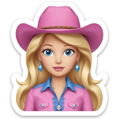 Cowgirl barbie in a pink outfit with cowboy hat with long blonde hair and blue eyes sticker